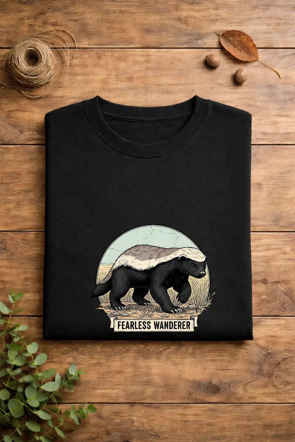 Black sweatshirt with a honey badger graphic and 'Fearless Wanderer' text on a wooden surface.