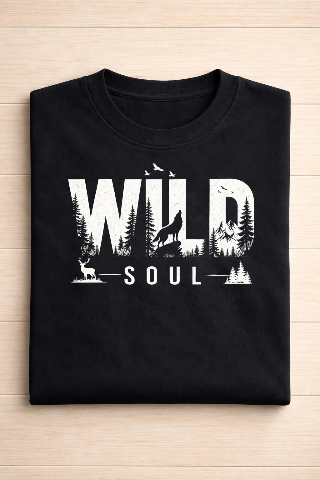 Black t-shirt with 'Wild Soul' graphic design on a wooden surface