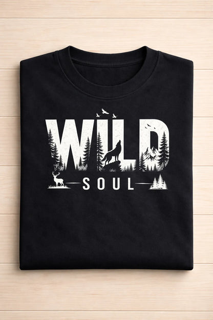 Black t-shirt with 'Wild Soul' graphic design on a wooden surface