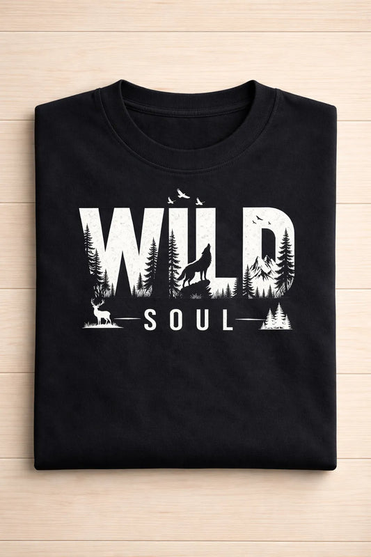 Black t-shirt with 'Wild Soul' graphic design on a wooden surface