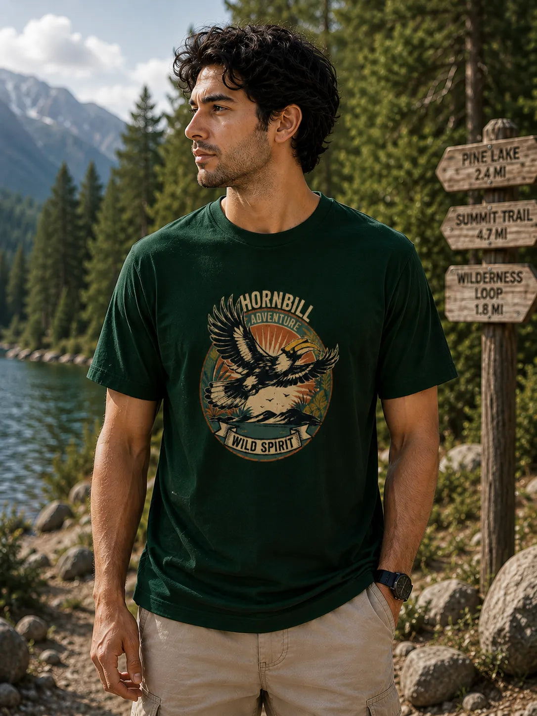 Man wearing a green t-shirt with a nature-themed design in a mountainous area.