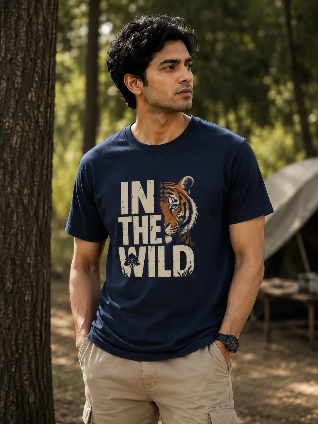 Man wearing a navy blue t-shirt with 'In the Wild' and a tiger graphic, standing in a forest setting.