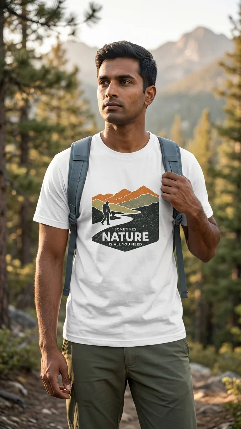 Man wearing a white t-shirt with a nature graphic and text, standing in a forested area with mountains in the background.