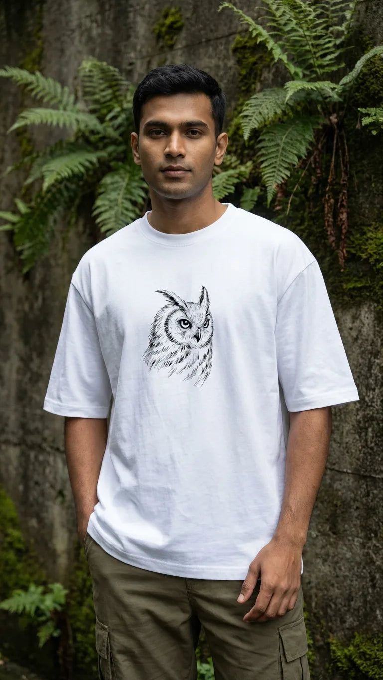Man wearing a white t-shirt with an owl design in front of a stone wall and ferns.