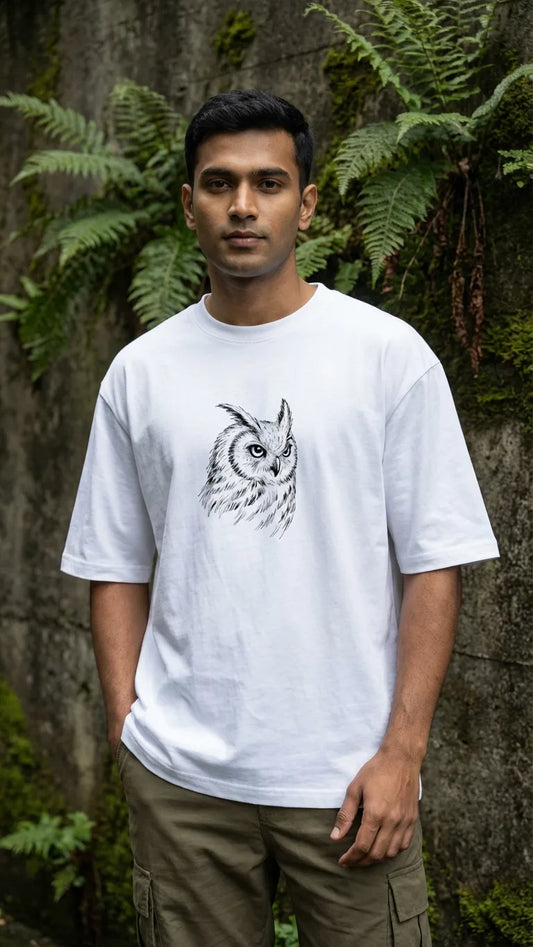 Man wearing a white t-shirt with an owl design in front of a stone wall and ferns.