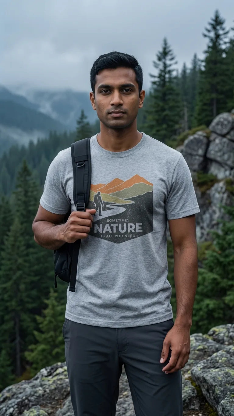 Man wearing a 'Nature' t-shirt with a mountain graphic in a forest setting