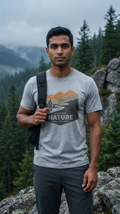 Man wearing a 'Nature' t-shirt with a mountain graphic in a forest setting