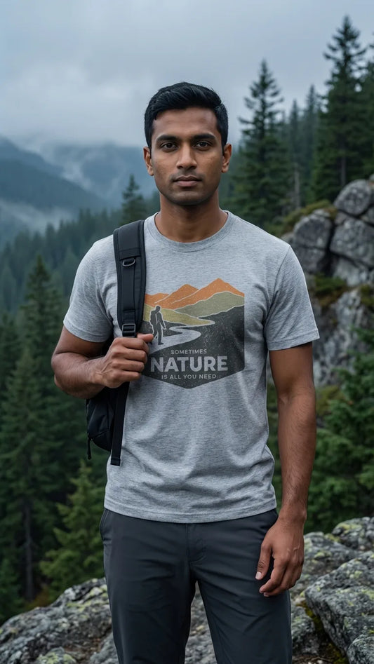 Man wearing a 'Nature' t-shirt with a mountain graphic in a forest setting