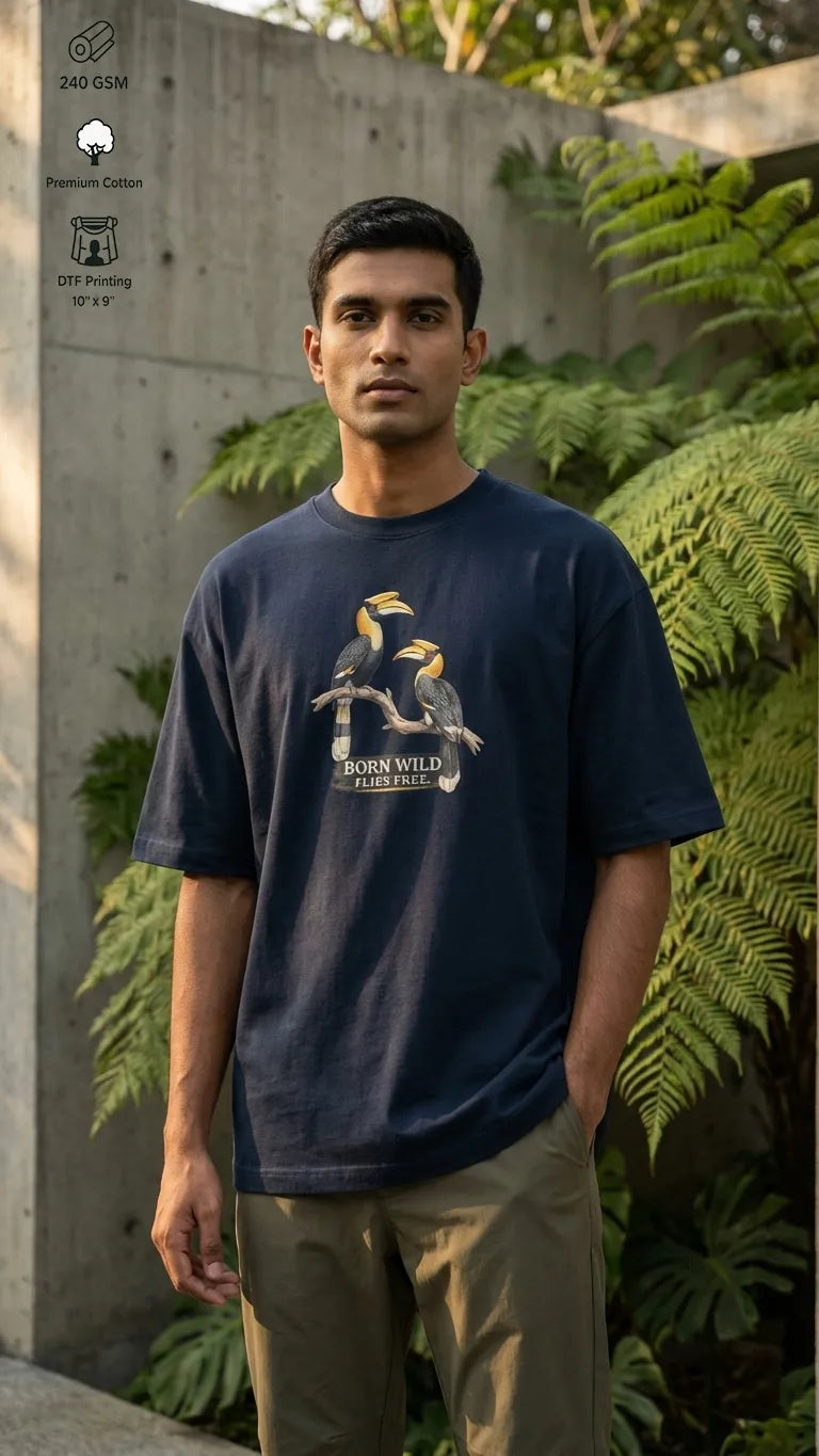 Man wearing a navy blue t-shirt with a graphic design, standing outdoors with greenery in the background.