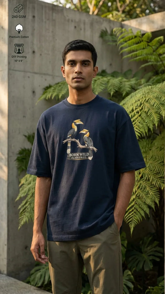 Man wearing a navy blue t-shirt with a graphic design, standing outdoors with greenery in the background.