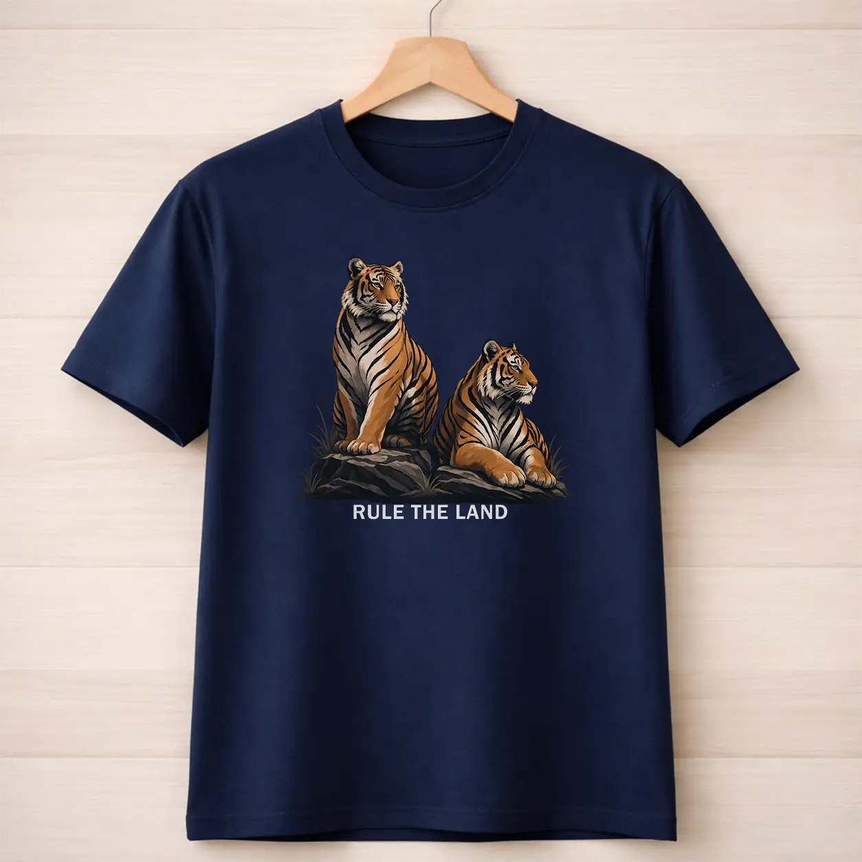 Navy blue t-shirt with tiger design and 'Rule the Land' text on a wooden hanger.