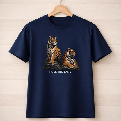 Navy blue t-shirt with tiger design and 'Rule the Land' text on a wooden hanger.