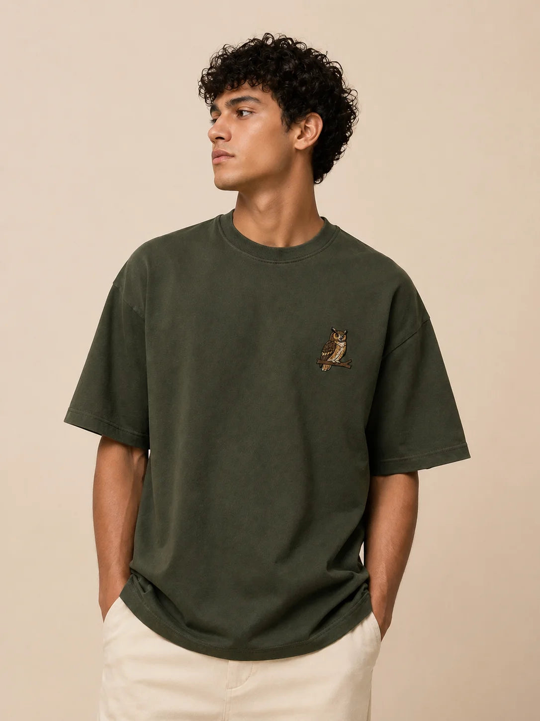 Owl  Embroidery heavyweight oversized T shirt