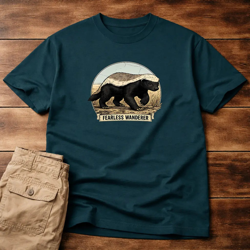Green t-shirt with bear graphic and 'Fearless Wanderer' text on a wooden surface, next to beige pants.