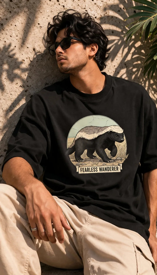 Person wearing a black t-shirt with a bear graphic and 'Fearless Wanderer' text, sitting against a textured wall.