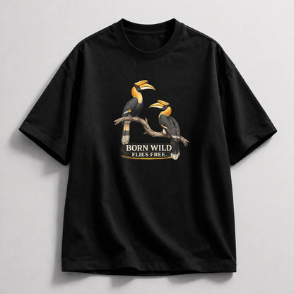 Black t-shirt with bird design and 'Born Wild Flies Free' text on a light gray background
