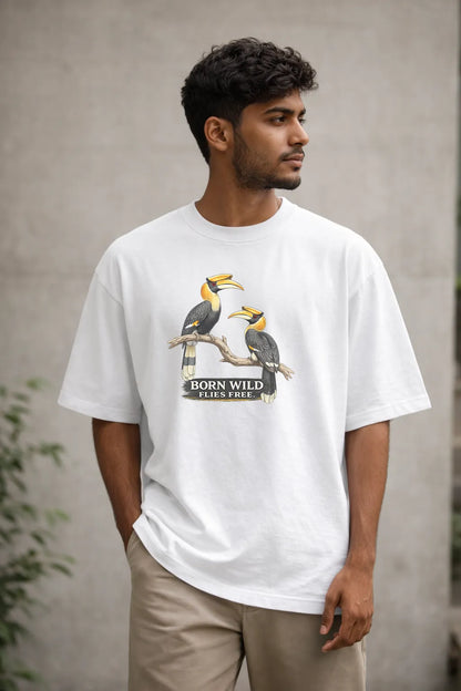 Man wearing a white t-shirt with a bird graphic and text, standing against a neutral background.